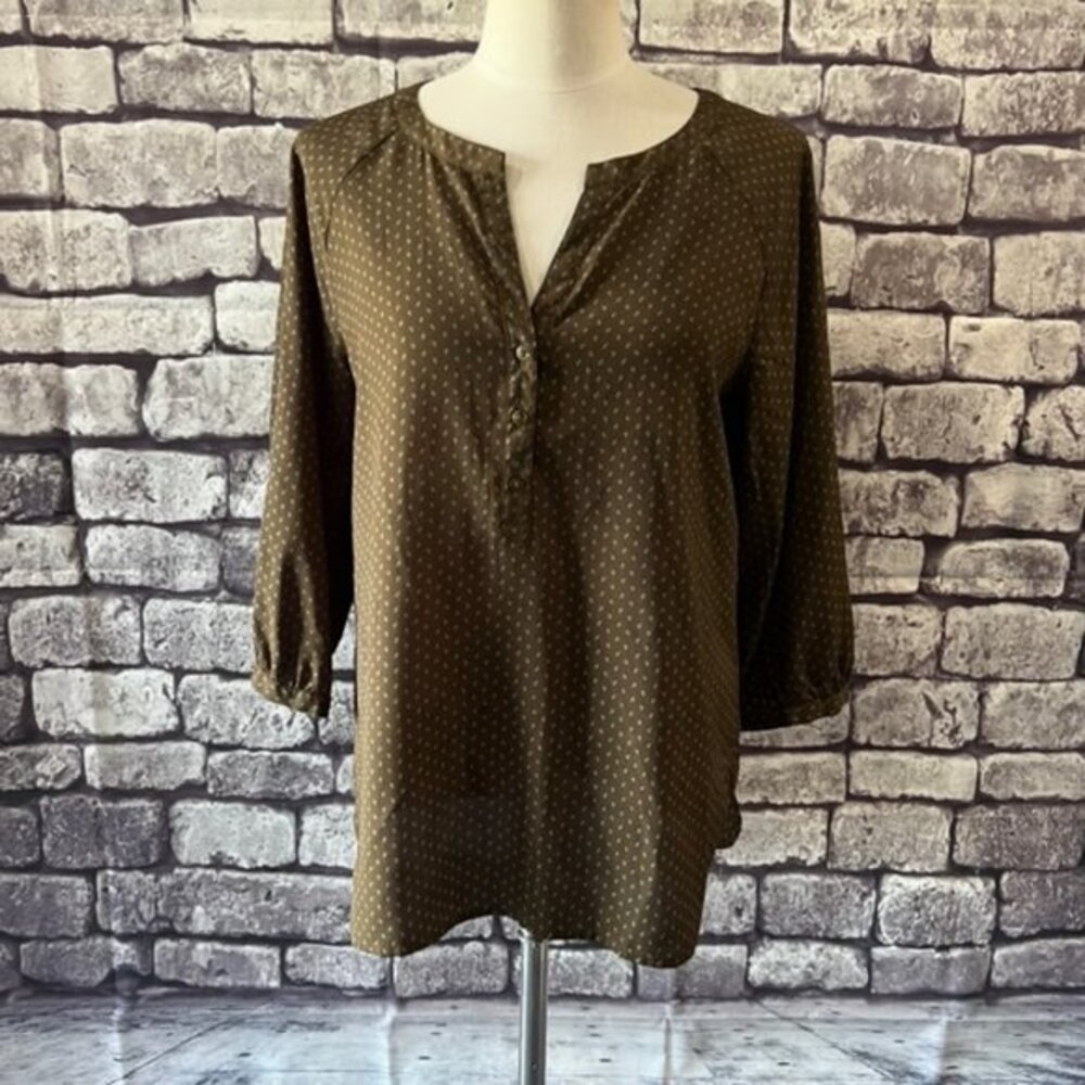 LOFT Brown & Blue 3/4 Sleeve V-Neck Blouse Size Medium